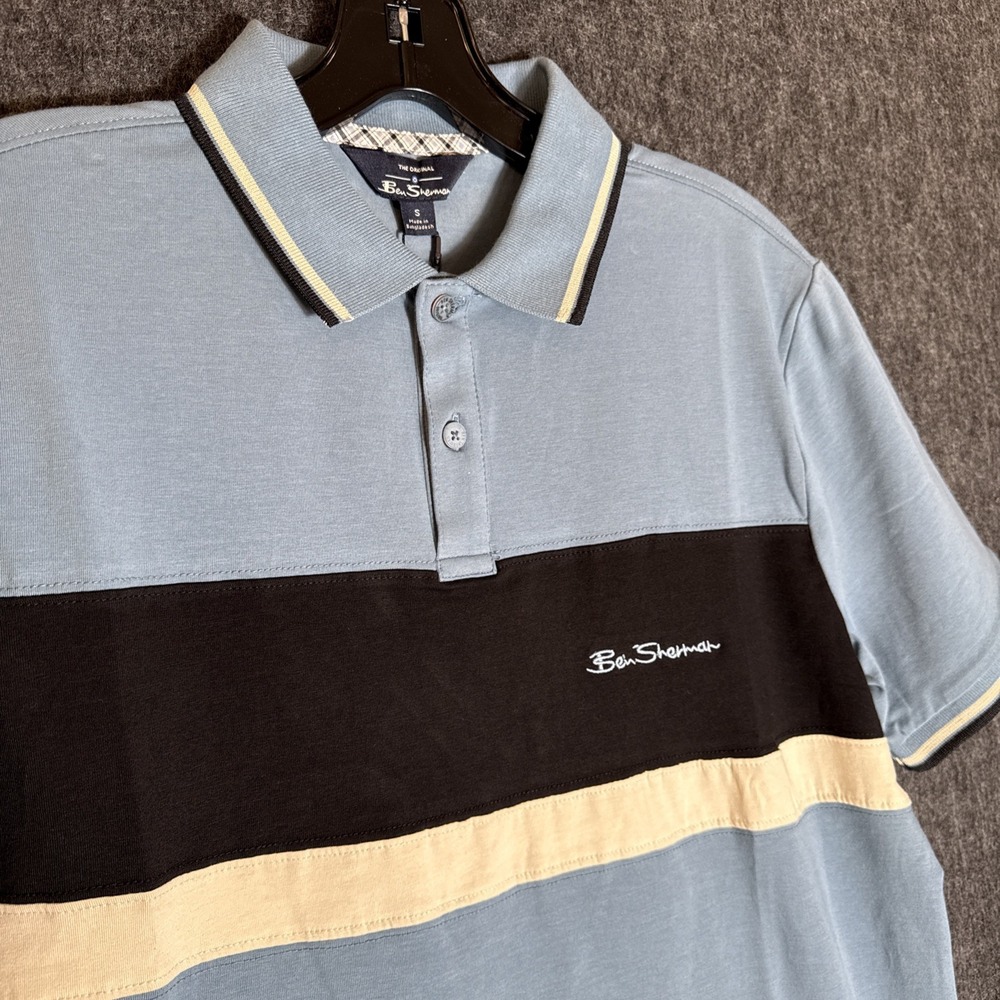 Ben Sherman Mens Provincial Blue‎ Colorblock Stripe Polo Shirt Small Minimalist